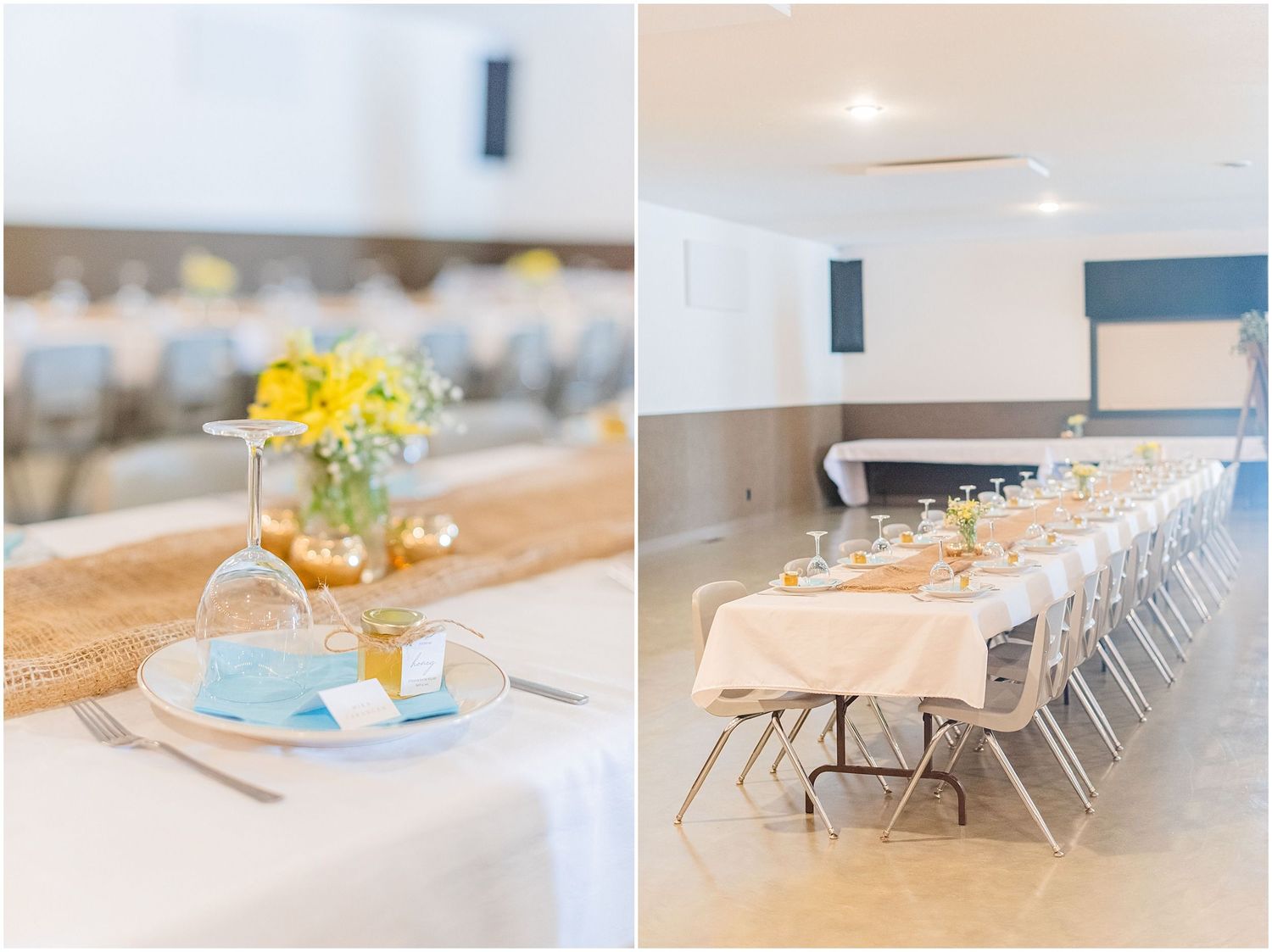 Wedding reception hall with long white tables set with burlap runners and yellow floral centerpieces.