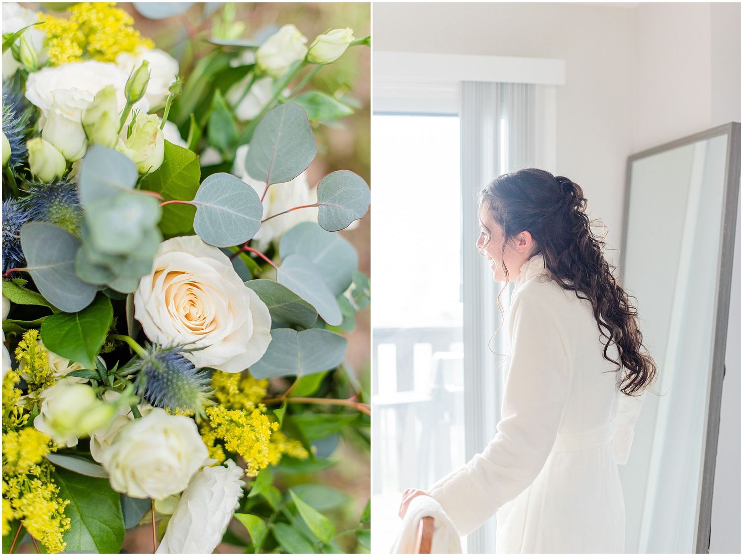 Bridal bouquet with white roses and eucalyptus beside a bride in white robe gazing out a bright window.