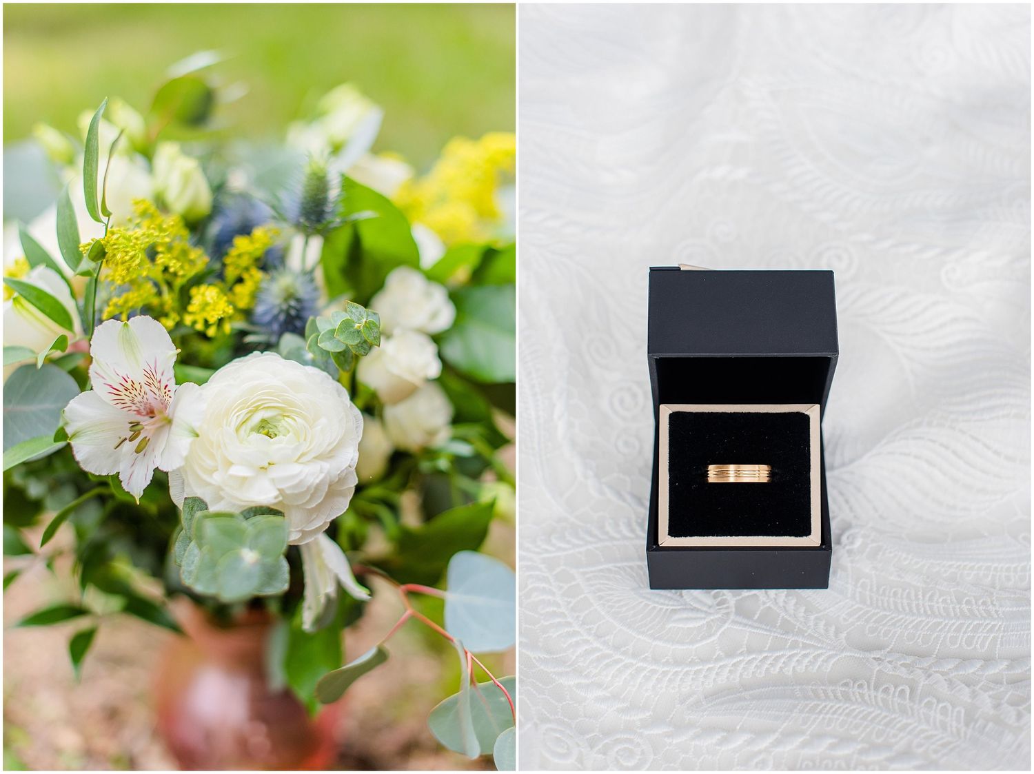 A bridal bouquet with white and yellow flowers beside a gold wedding band in a black ring box.