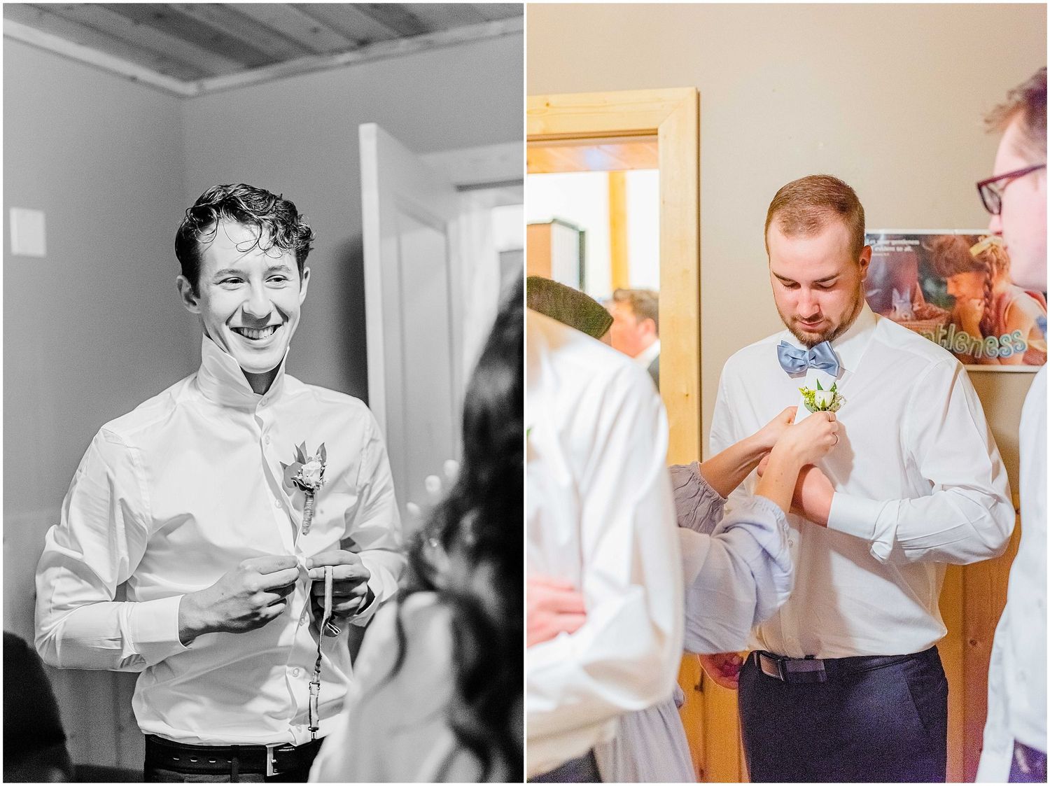 Groom and groomsmen getting ready, smiling and helping each other with boutonnieres before the wedding ceremony.