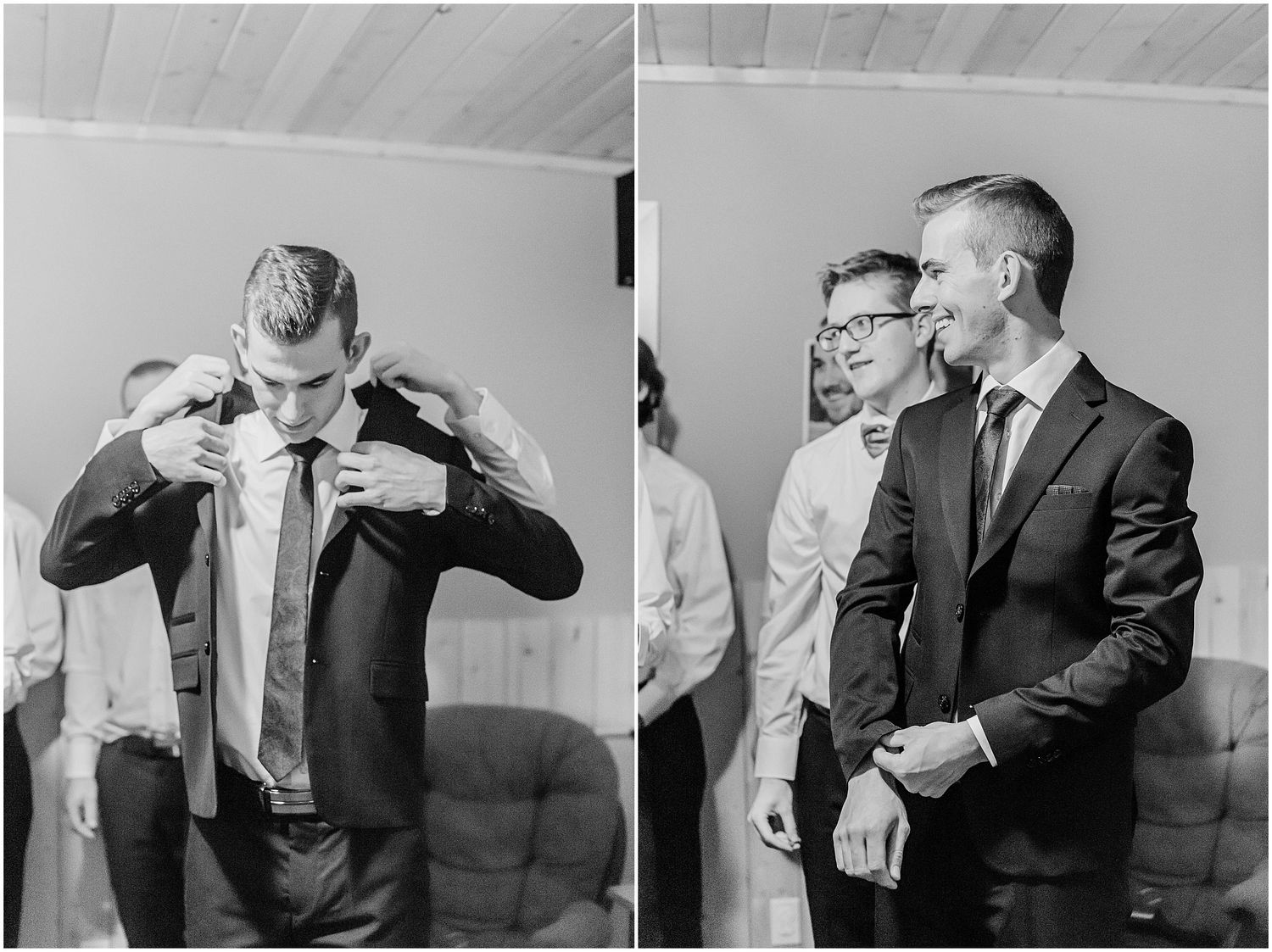 Black and white photo of groom and groomsmen getting ready, adjusting suits before the wedding ceremony.