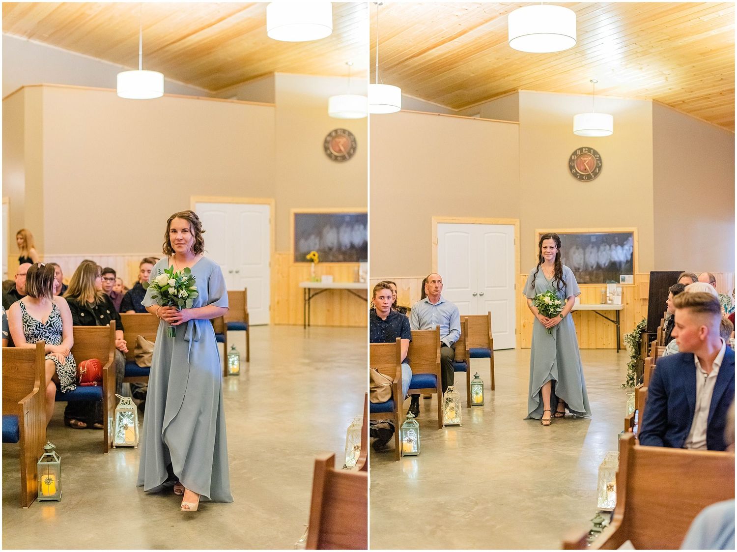 Bridesmaid in dusty blue dress walking down the aisle during a wedding ceremony.