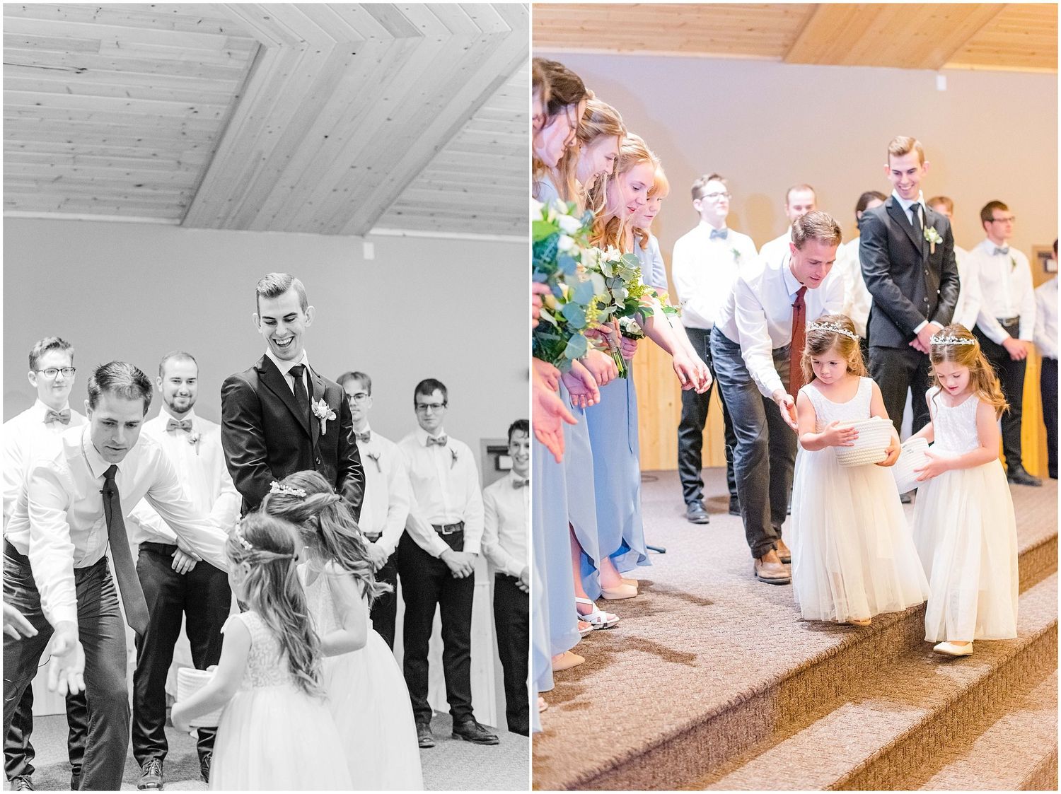 Black and white wedding ceremony photo alongside color image of flower girls walking down church aisle.