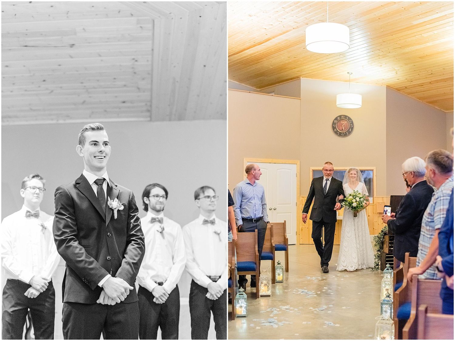 A groom waits at the altar as the bride walks down the aisle with her escort at a church wedding.