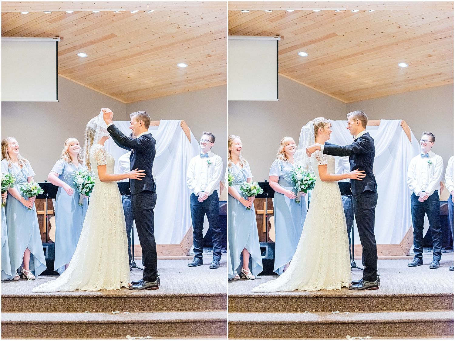 Bride and groom exchange vows at elegant church wedding ceremony with wedding party standing nearby.