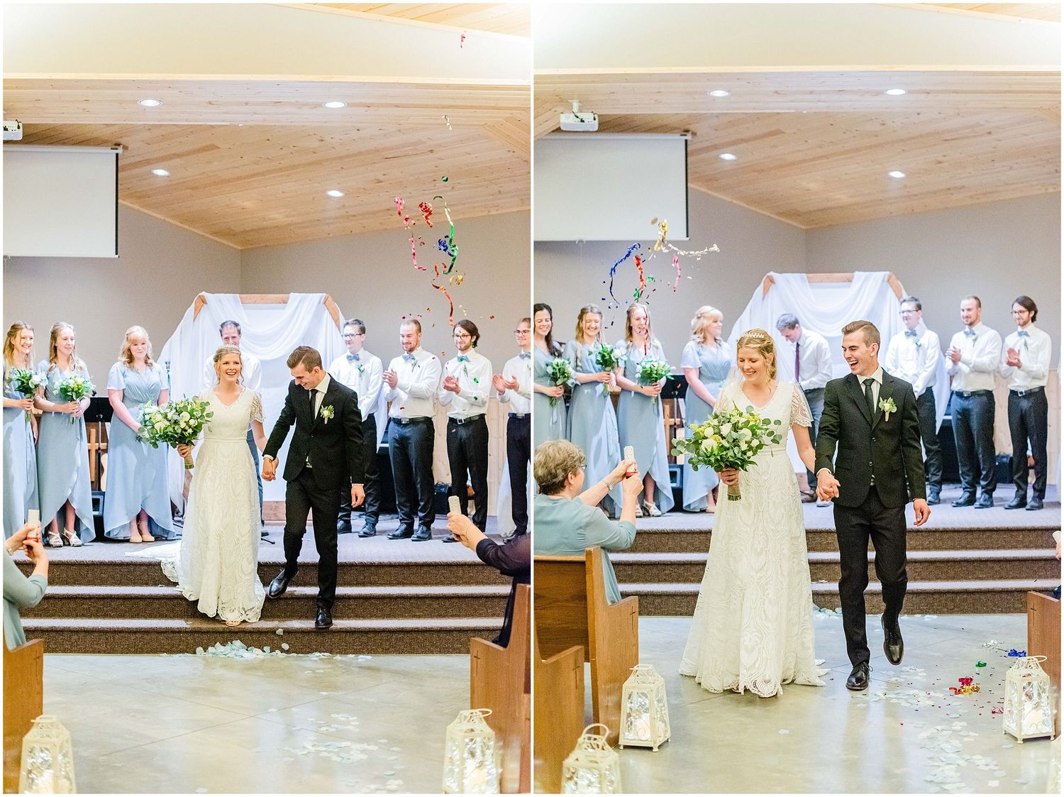 Newlyweds walk down the aisle as guests celebrate with colorful confetti in church.