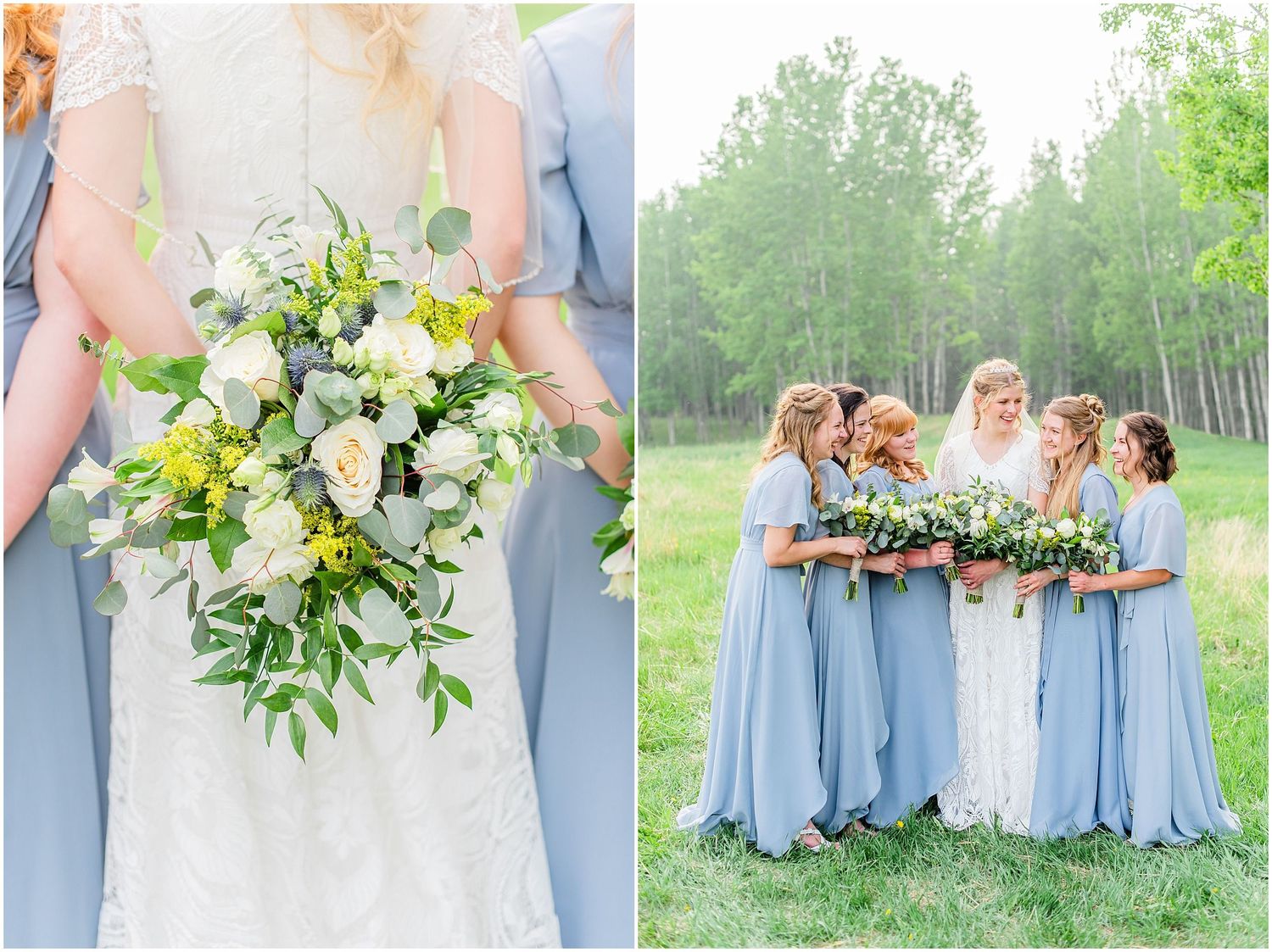 Bride holds lush green and white bouquet as bridesmaids in dusty blue dresses gather outdoors.