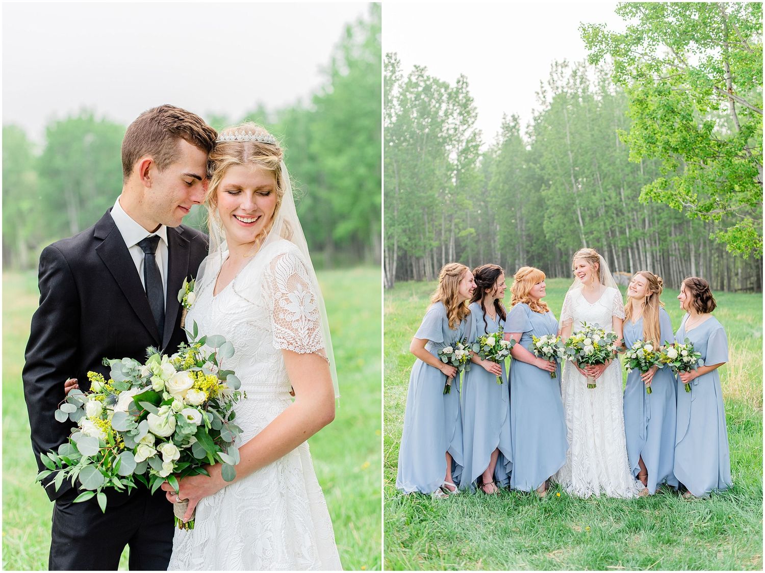 Bride and groom pose with bridesmaids in dusty blue dresses among tall trees at outdoor wedding.
