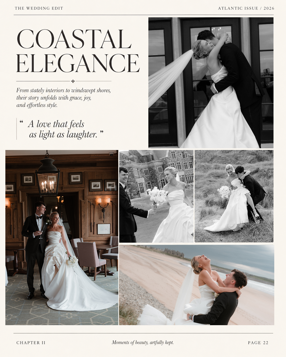 Elegant coastal wedding magazine spread featuring black and white photos of bride and groom in romantic seaside and interior settings.