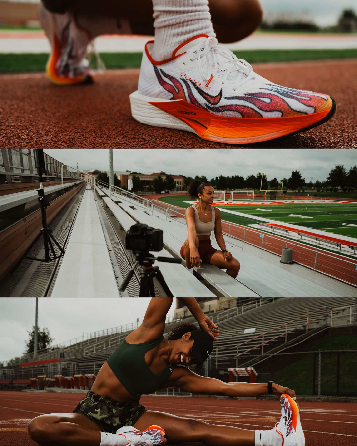 Athletic runner practicing sprints on red track in dramatic overcast lighting conditions at outdoor stadium.