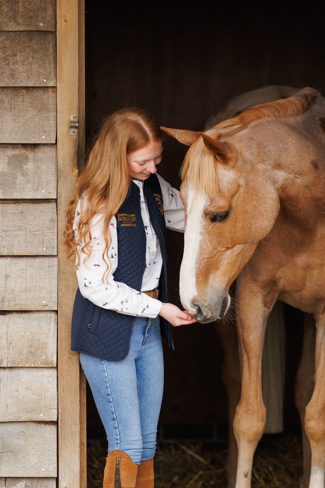 A series of photos showing a person in a white polka dot shirt with a black horse in a golden autumn field.