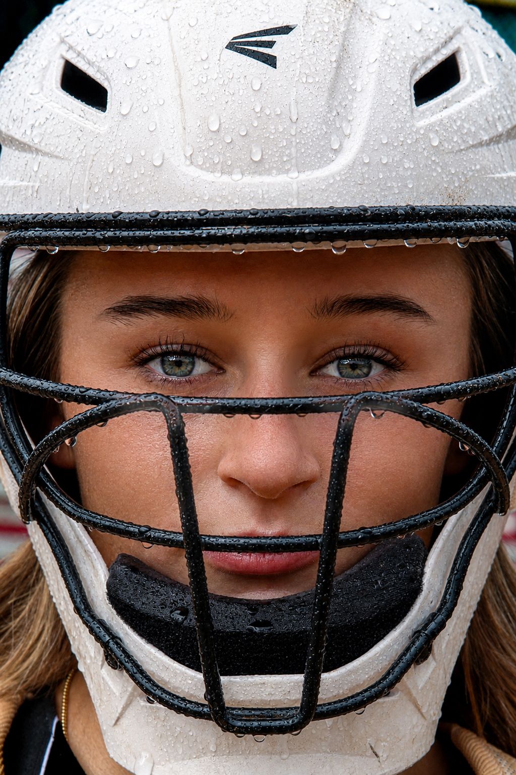 Female softball player sliding into base with dirt flying under a dramatic cloudy sky.