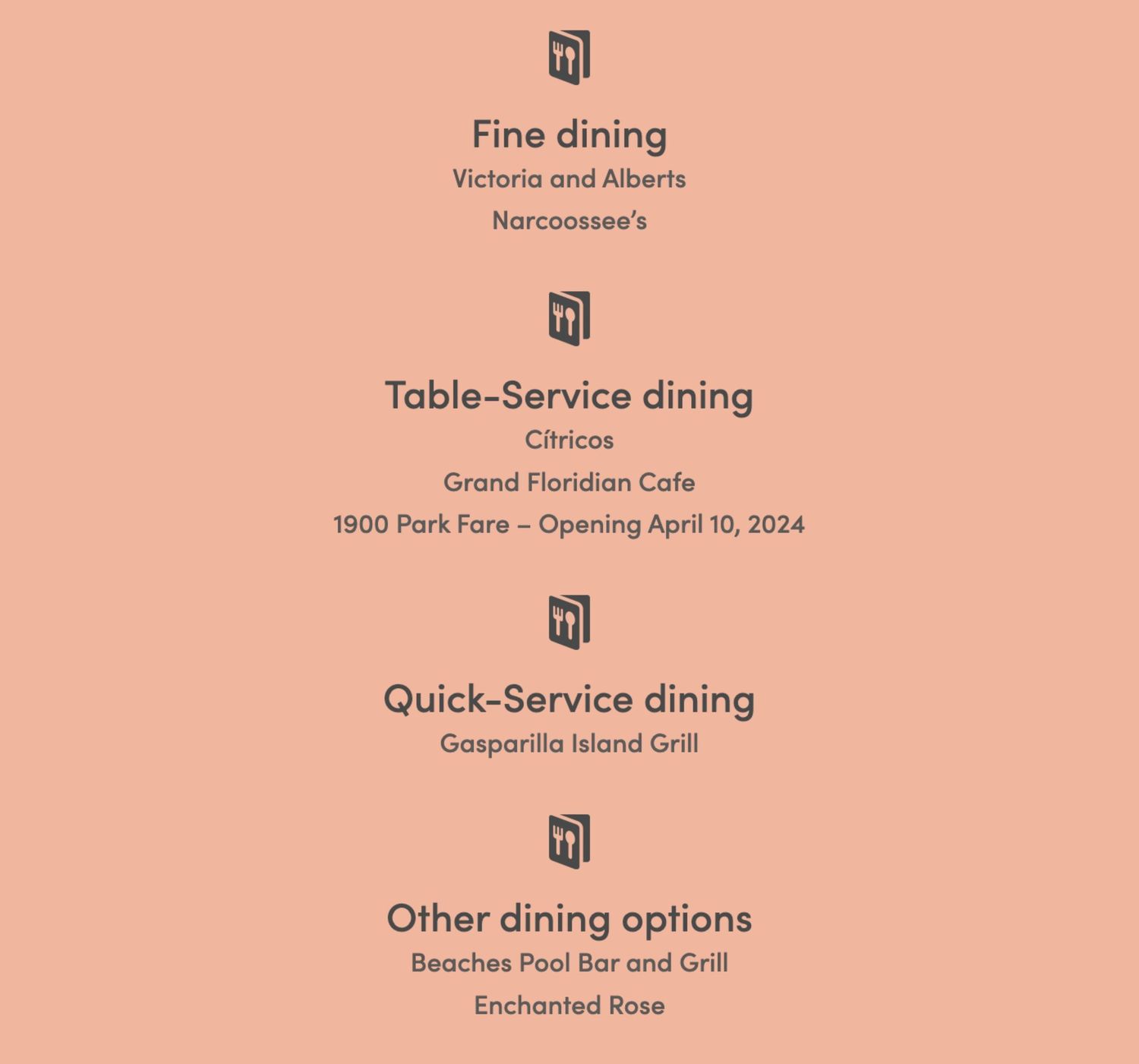 Restaurant dining options menu featuring fine dining, table service, and quick service venues.