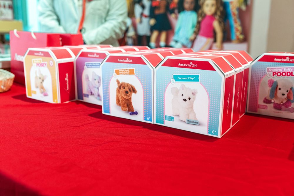 American Girl pet dog toy boxes displayed on a red tablecloth at a retail event showcase.