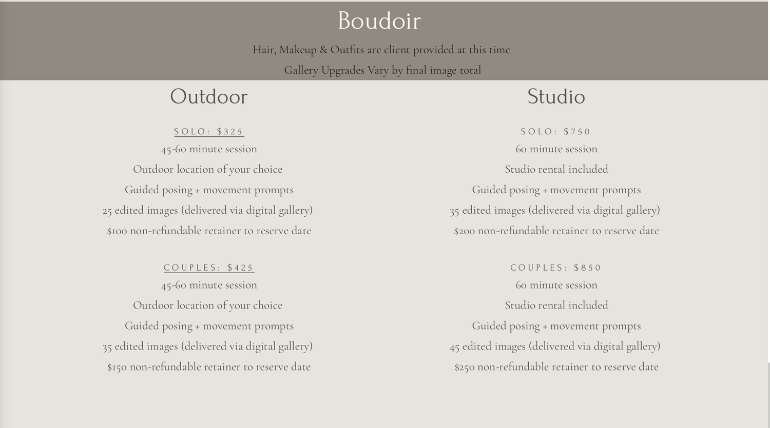 Boudoir photography pricing guide showing outdoor and studio session packages with couples rates and gallery options.