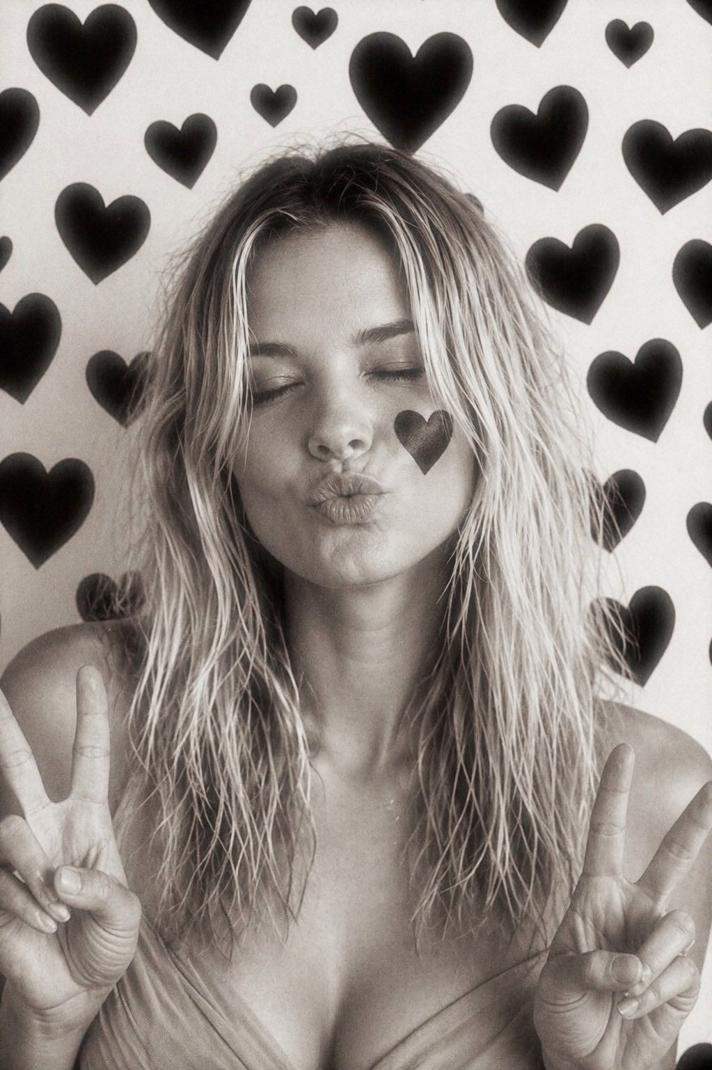 Woman making peace signs with heart painted on nose, posing against heart-patterned background in black and white photo.