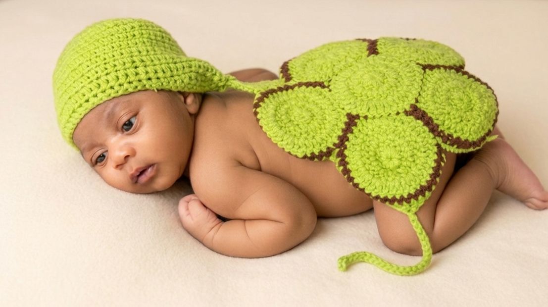 Adorable newborn baby wearing a green crochet turtle costume with shell and hat, posed on a soft white blanket.