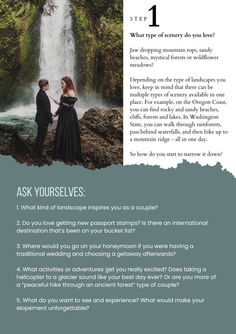 A series of scenic waterfall and landscape photos with overlaid text about travel and honeymoon planning questions.