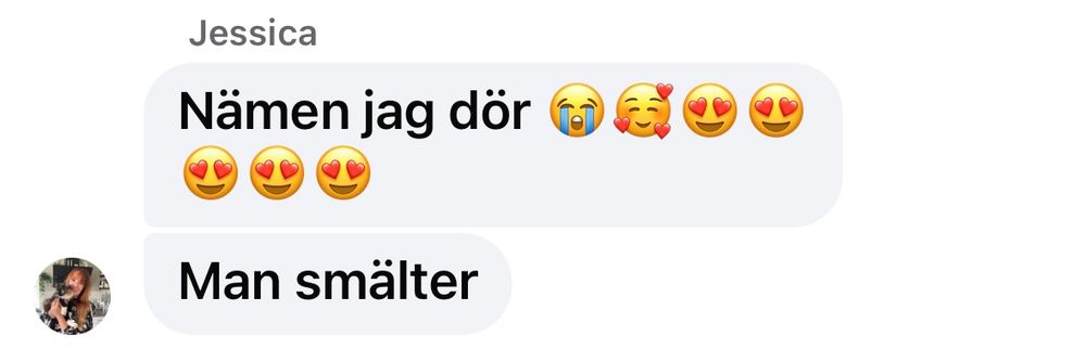 Swedish text message conversation with emojis showing excitement, with replies saying Man smälter meaning one melts.