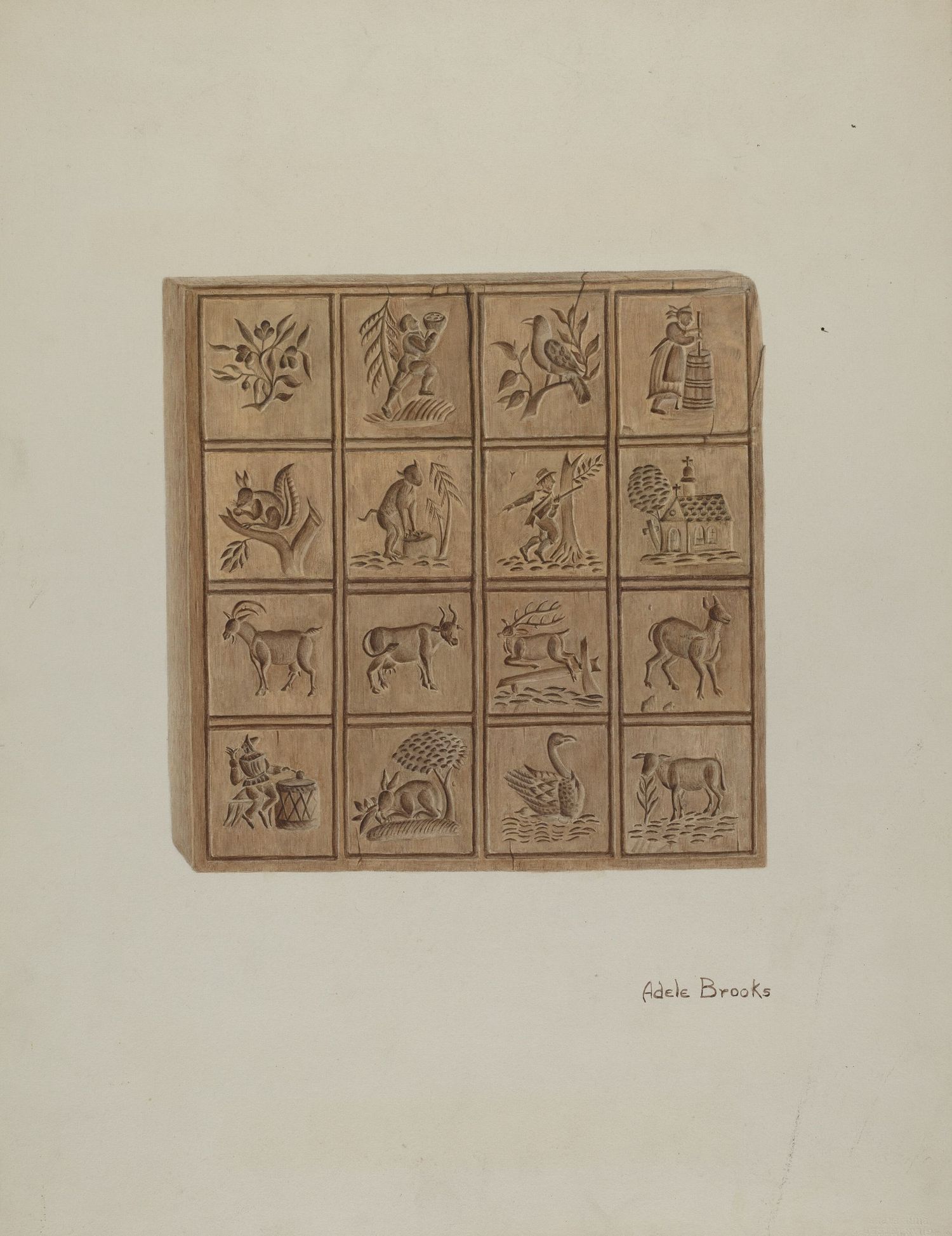 Vintage drawing showing a grid of 16 simple illustrations featuring animals, plants, and figures sketched in brown ink.