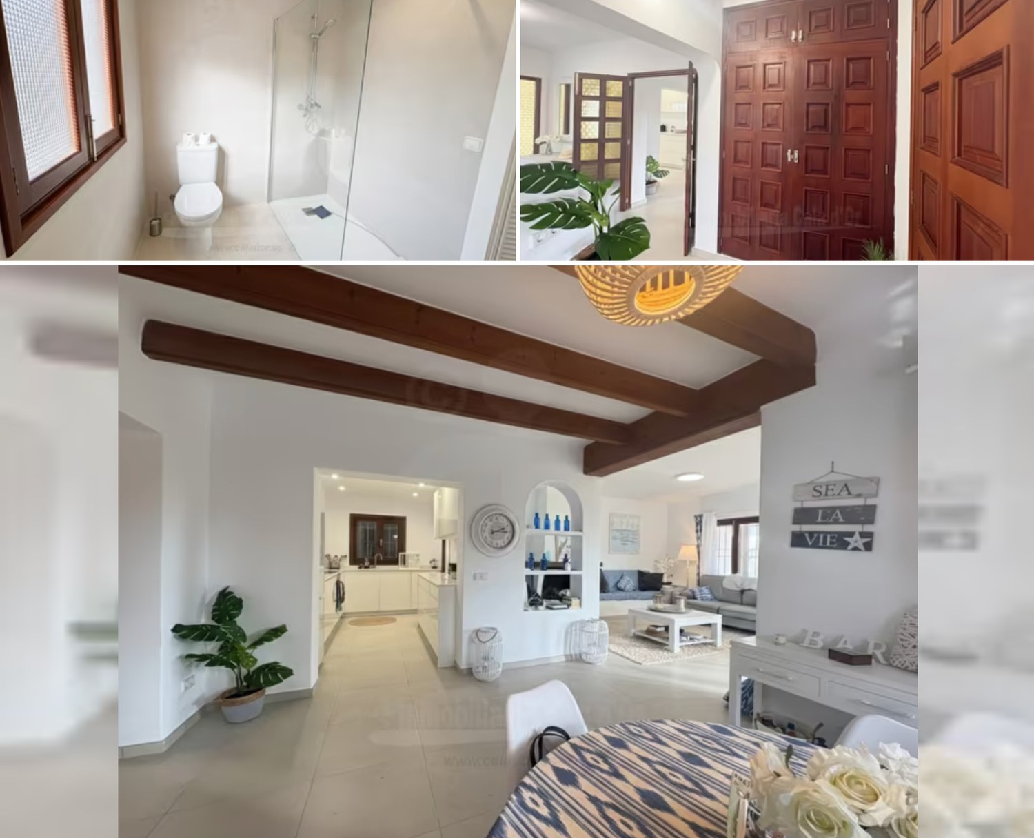 Bright coastal bedroom interior with exposed wooden beams and white bedding in a modern Mediterranean style.