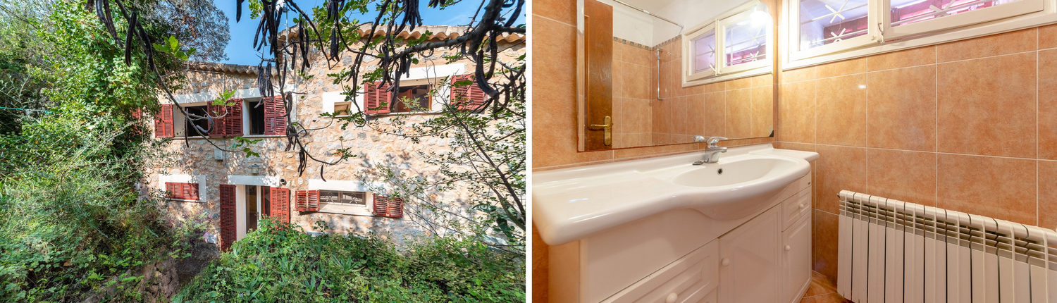 Stone villa with rustic charm features multiple arched windows and doors in a Mediterranean countryside setting.