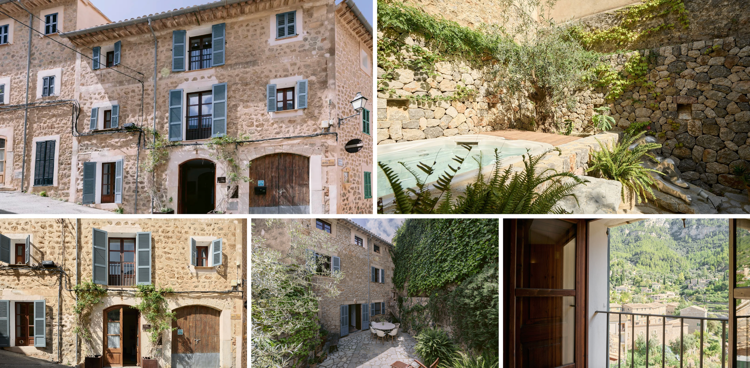 Stone villa with rustic charm features multiple arched windows and doors in a Mediterranean countryside setting.