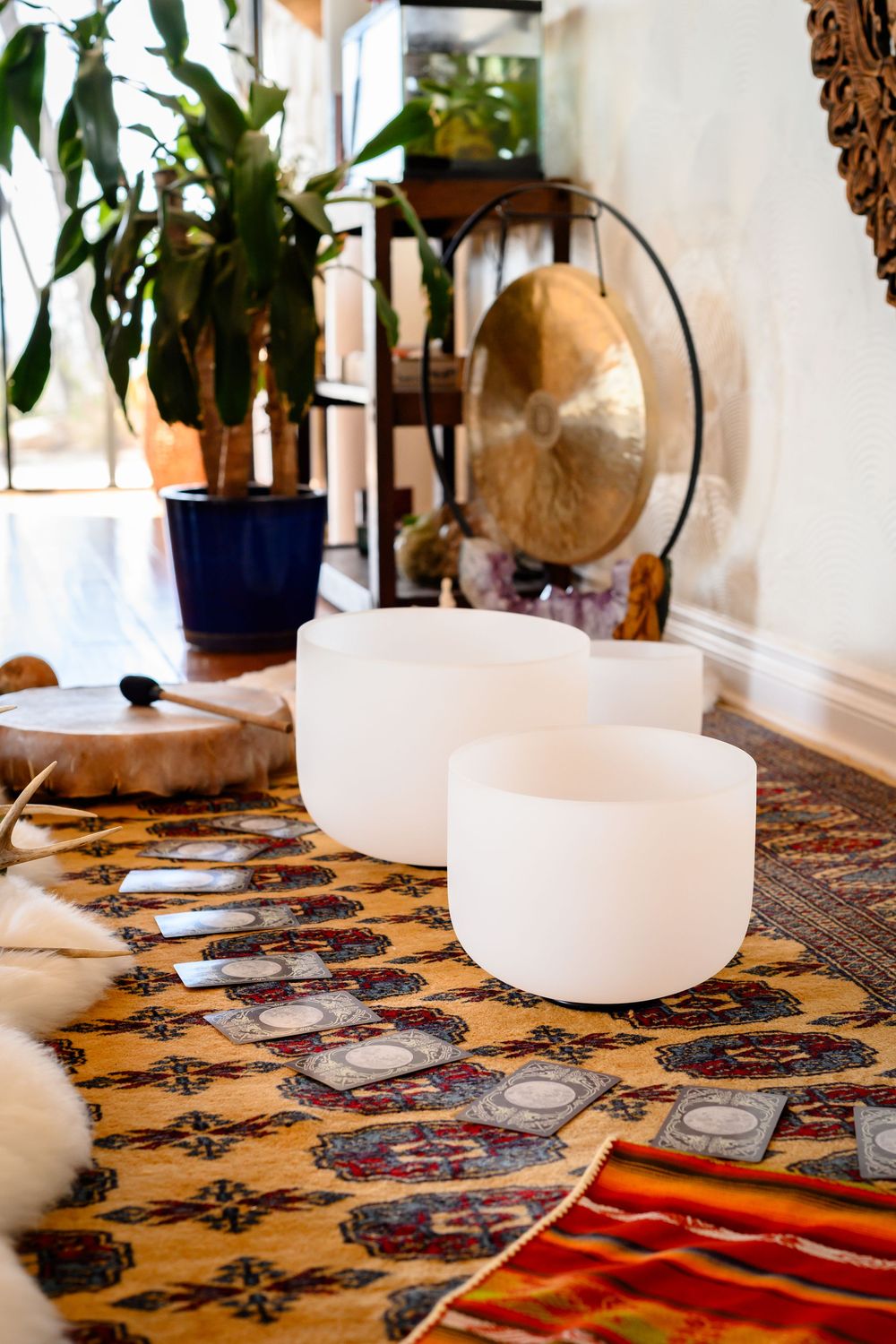 Crystal singing bowls and gong displayed on patterned tapestry with houseplants and spiritual decor in background. Branding photos Las Vegas