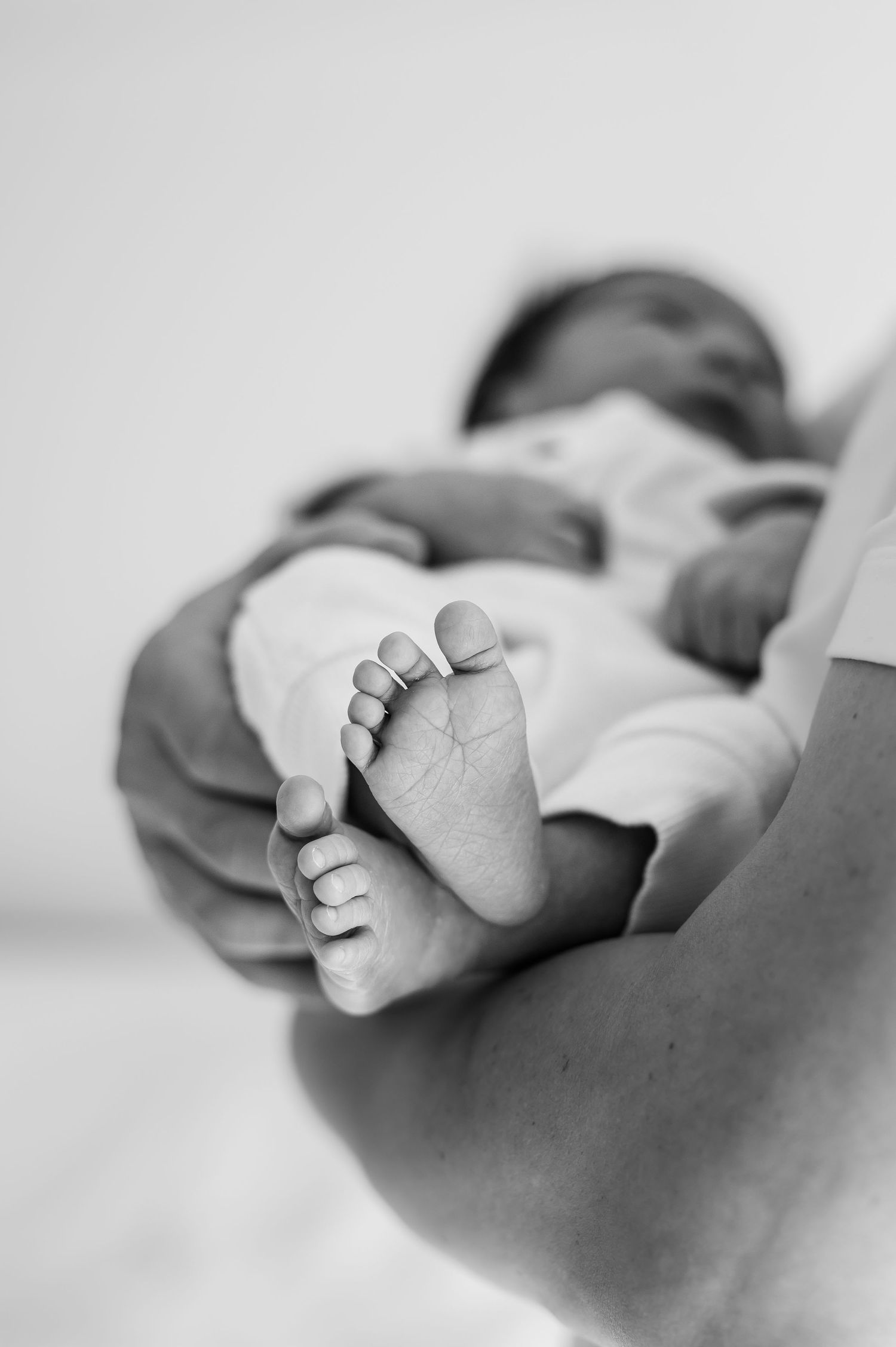 A series of intimate black and white silhouettes showing tender moments between parent and newborn against a bright window.