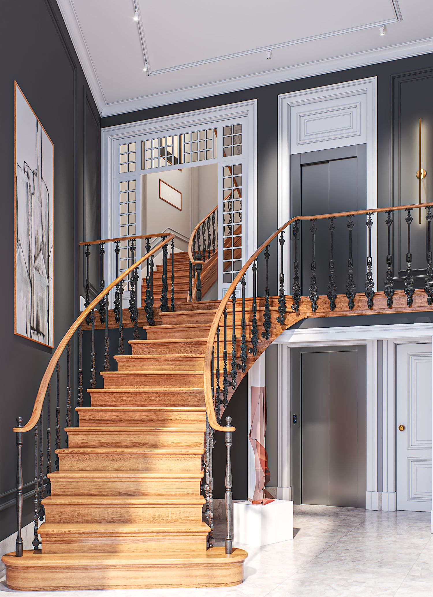 Elegant wooden staircase with dark painted walls and white trim showcases curved handrails and classic colonial architecture.