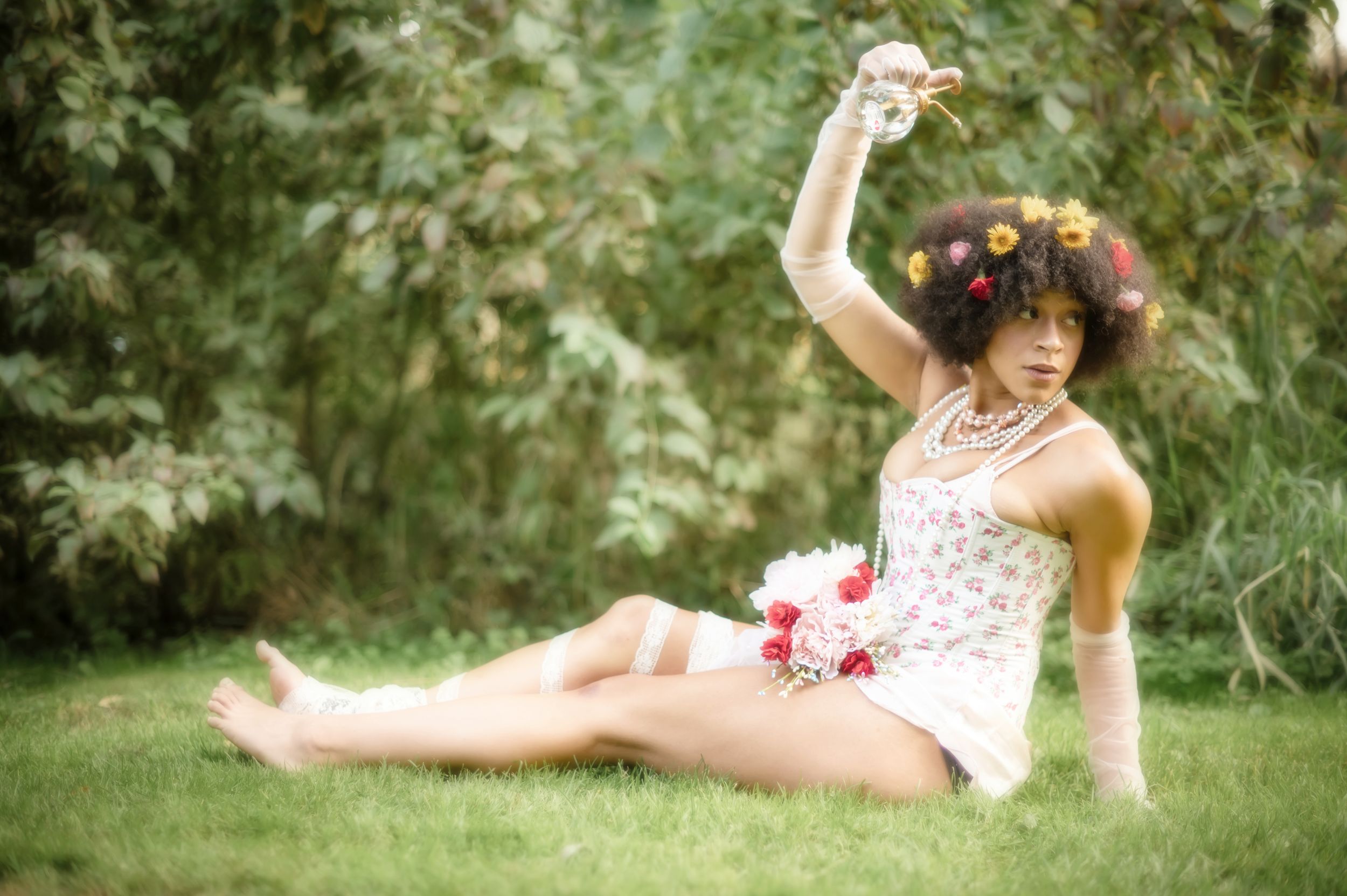 Dreamy fantasy ethereal flower photoshoot at Fish Lake in Washington state.
