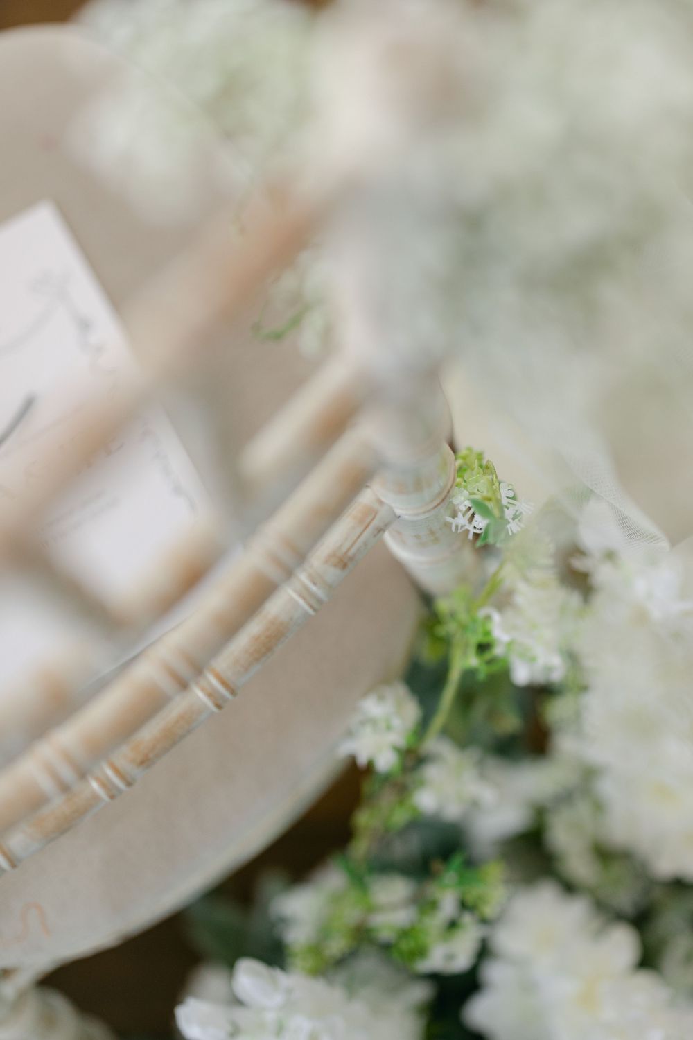 Close-up of delicate white flowers with soft bokeh effect creating a dreamy wedding atmosphere.