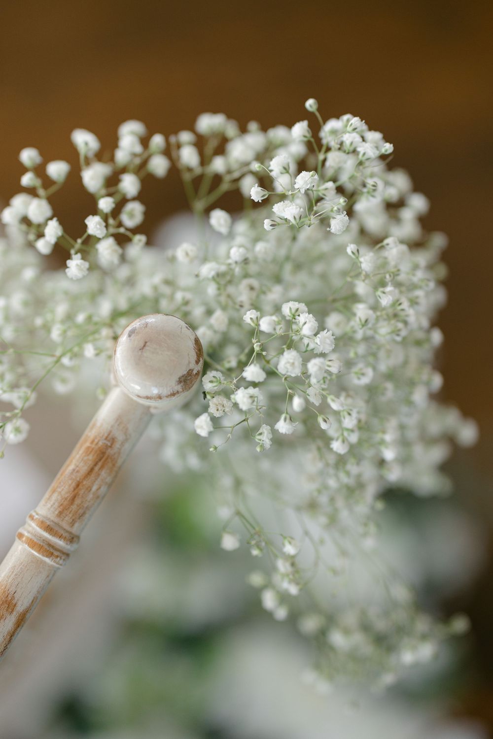 Delicate white baby's breath flowers with soft petals against a brown blurred background.