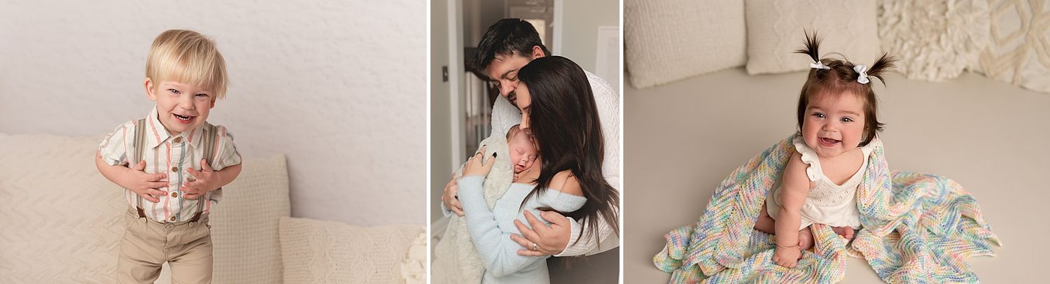 A collection of candid family moments showing children playing and interacting in casual indoor settings.