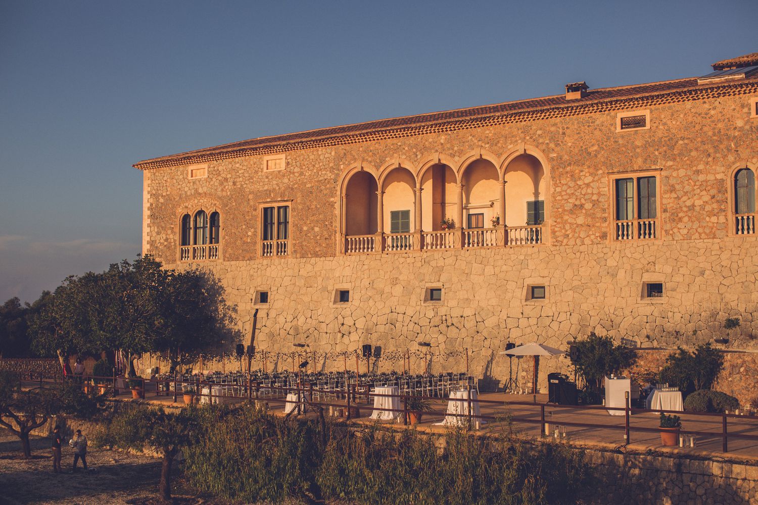 Son Marroig Mallorca wedding venue terrace decoration for reception with Mediterranean views