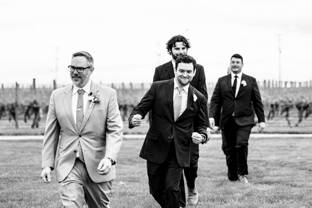 A series of vintage black and white photos showing people running and smiling in an outdoor setting.