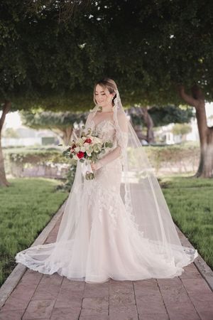 Elegant bride in lace wedding dress poses gracefully on stone path surrounded by greenery.