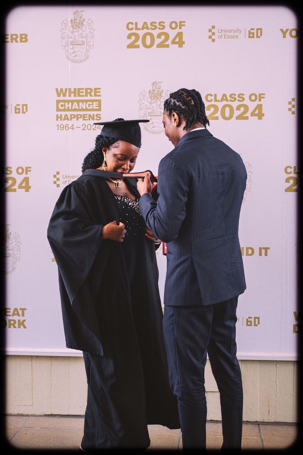 Four vintage-style photos show graduation ceremony moments against a gold and white backdrop with Class of 2024 text.