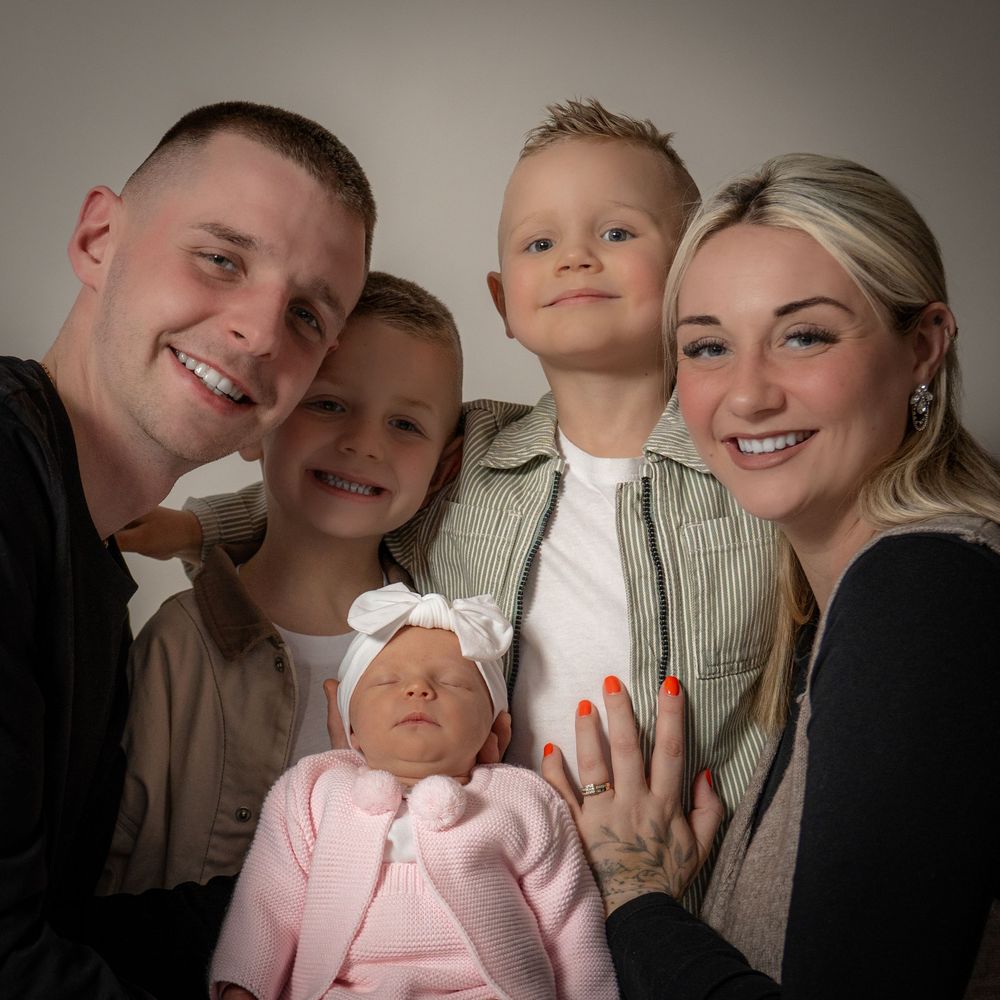 A series of six warm-toned family portrait photos showing intimate candid moments and expressions.