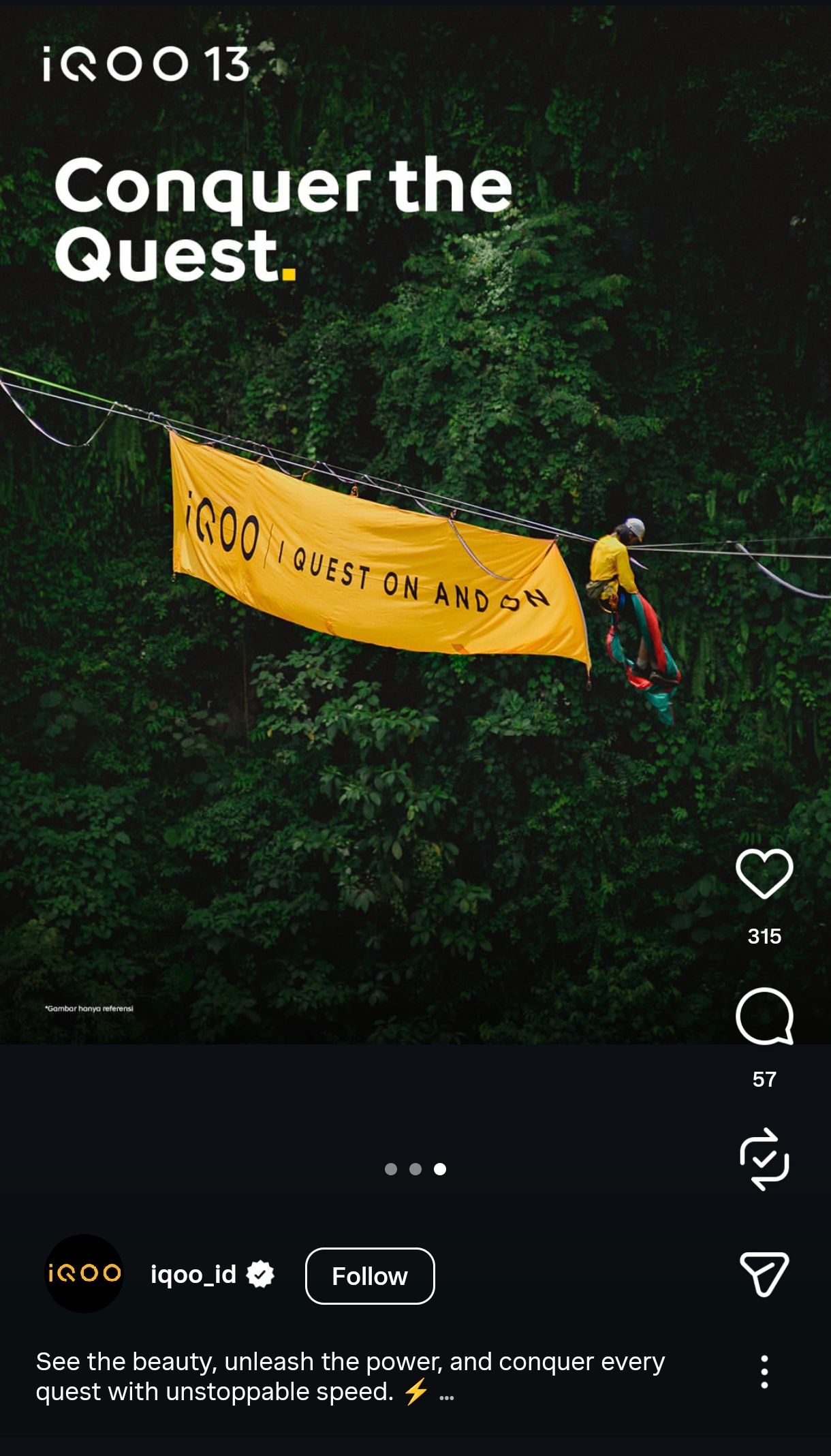 Yellow iQOO banner displayed against green foliage backdrop in outdoor promotional setting.