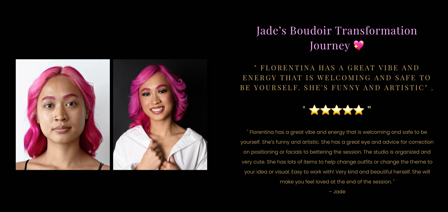 Side by side before and after boudoir photography transformation images showing pink hair and glamour styling.