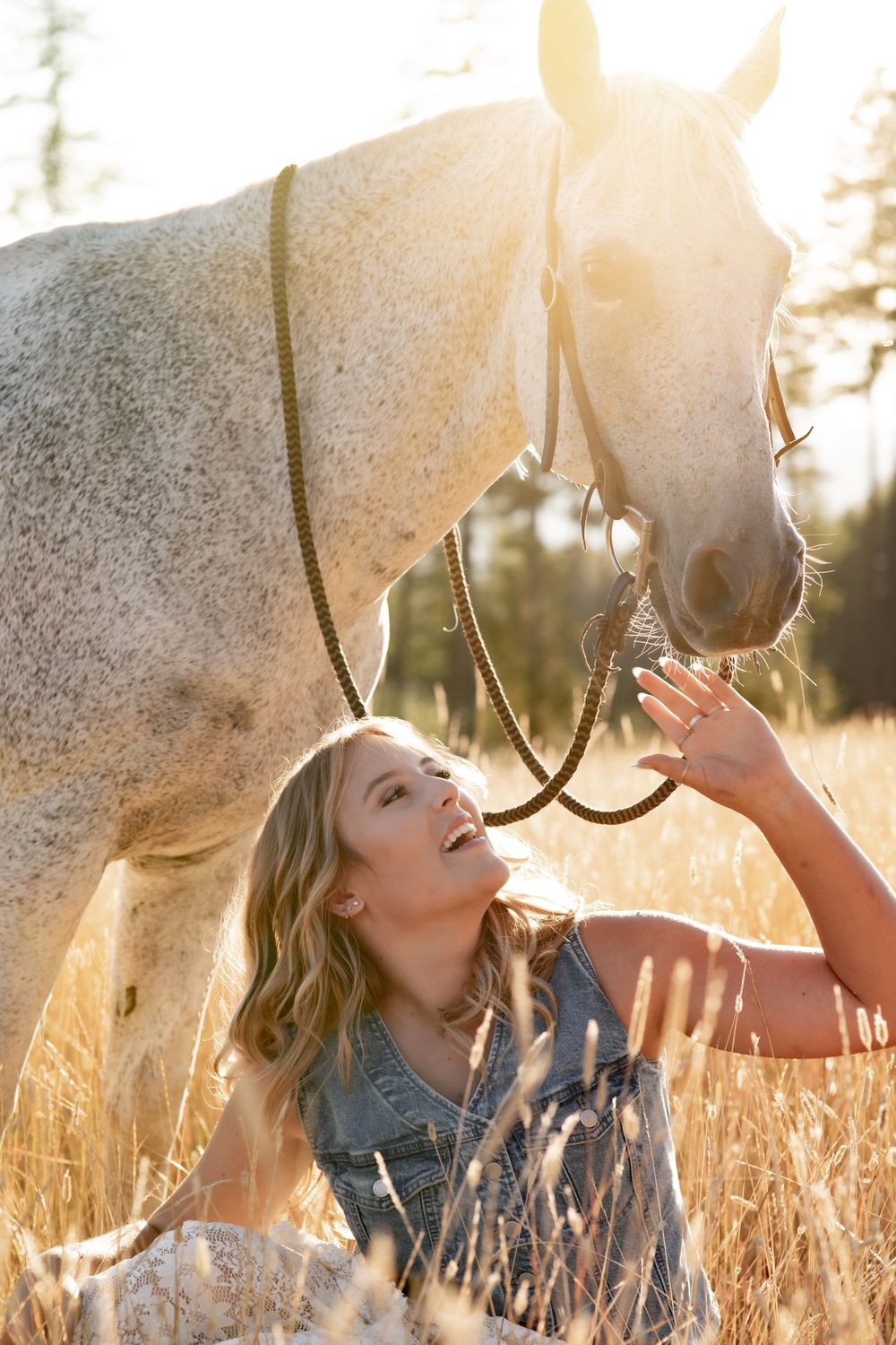 A series of photos showing a person playfully interacting with a white horse in a sunlit field at golden hour.