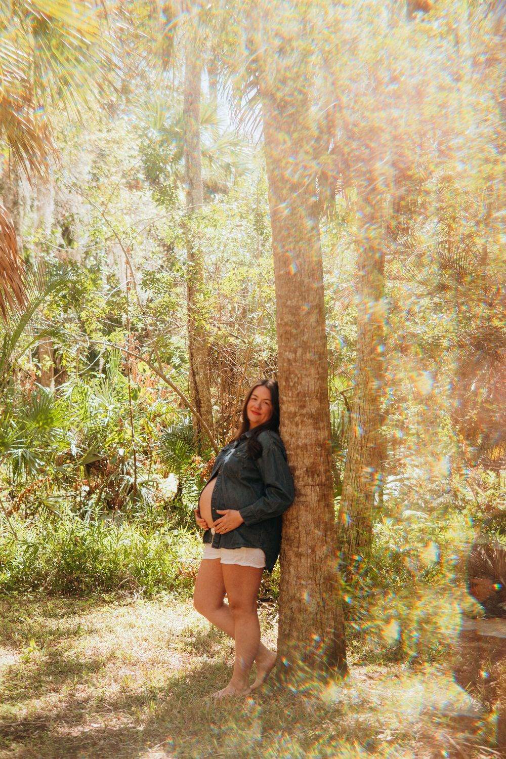 A series of dreamy outdoor photos showing someone resting against a tree trunk in a sun-dappled forest setting.