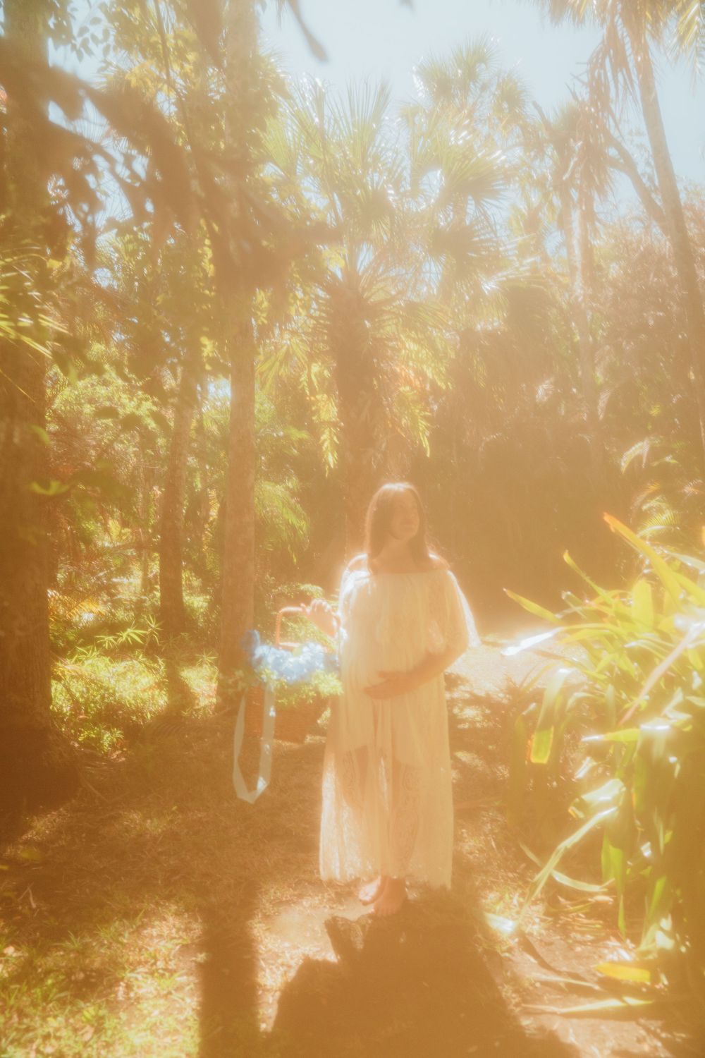 A dreamy sunlit forest scene with a figure in a white dress standing among tropical foliage and palm trees.