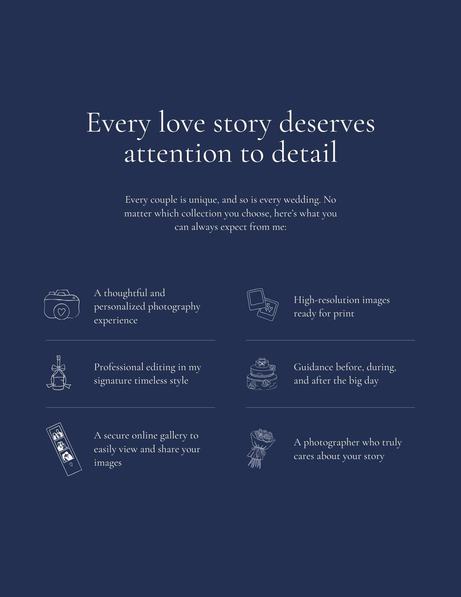 Dark blue wedding photography marketing banner with white text and icons showcasing professional services and details.