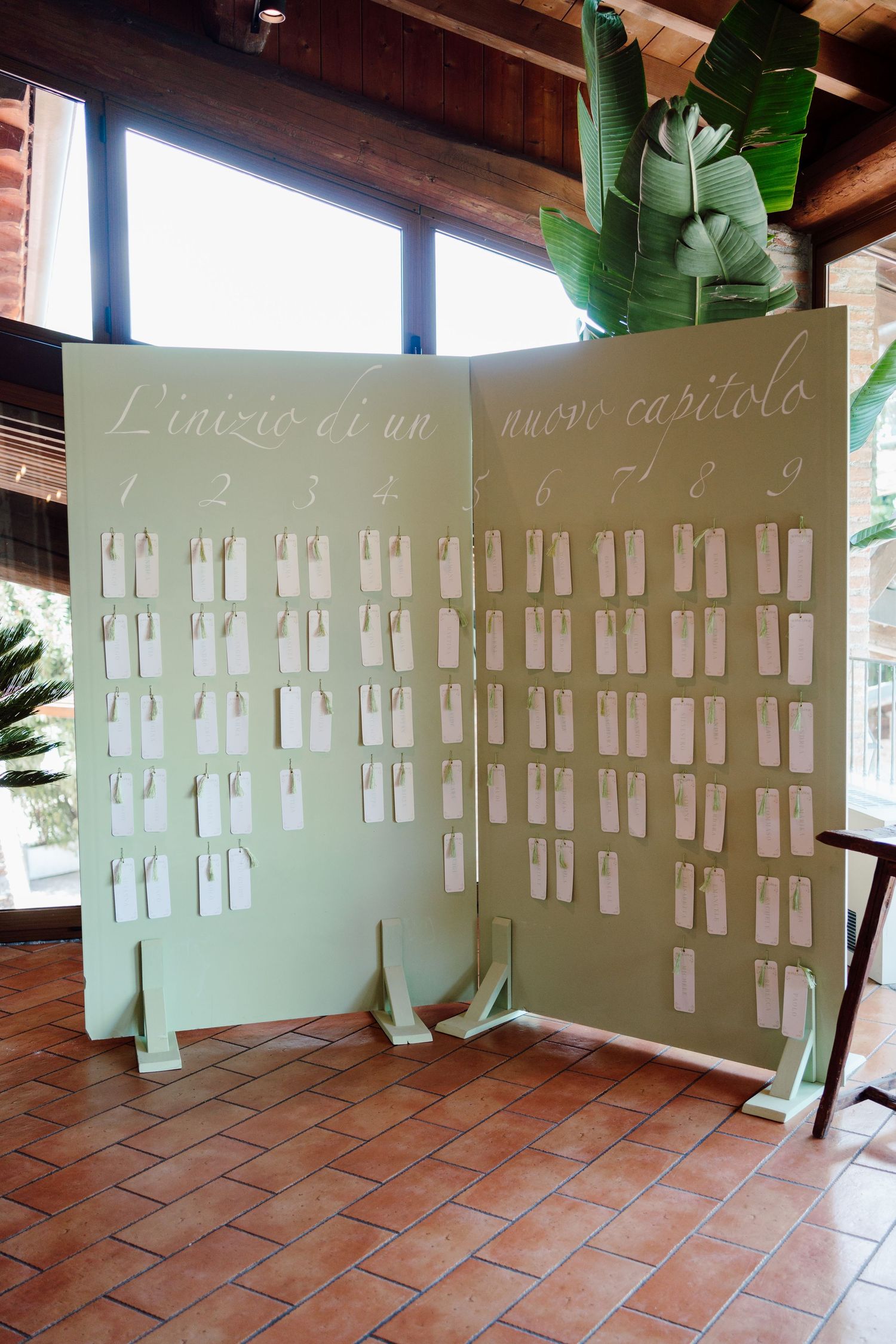Sage green wedding seating chart display with Italian script reads L inizio di un nuovo capitolo.