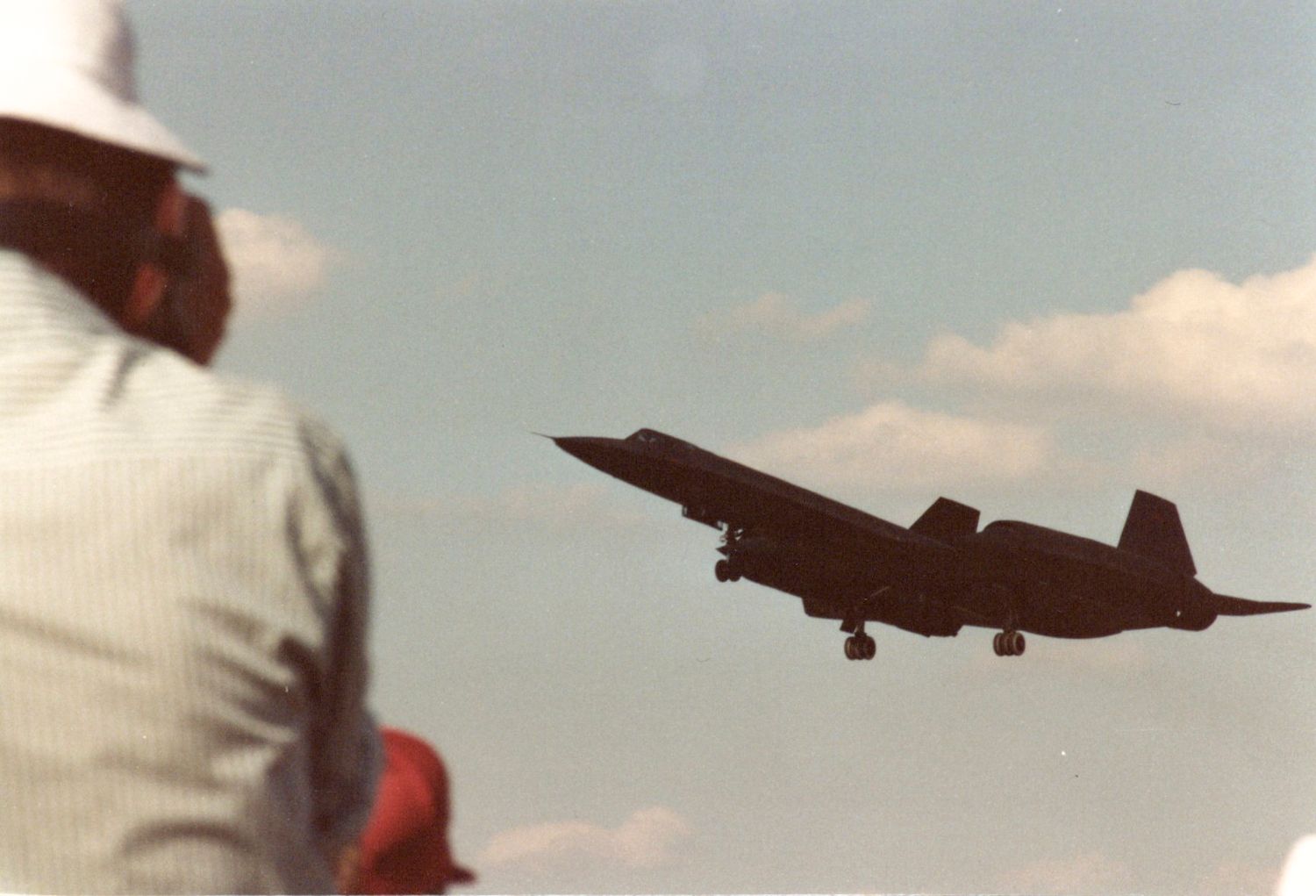 An SR-71 coming in for a landing in a vintage film photo