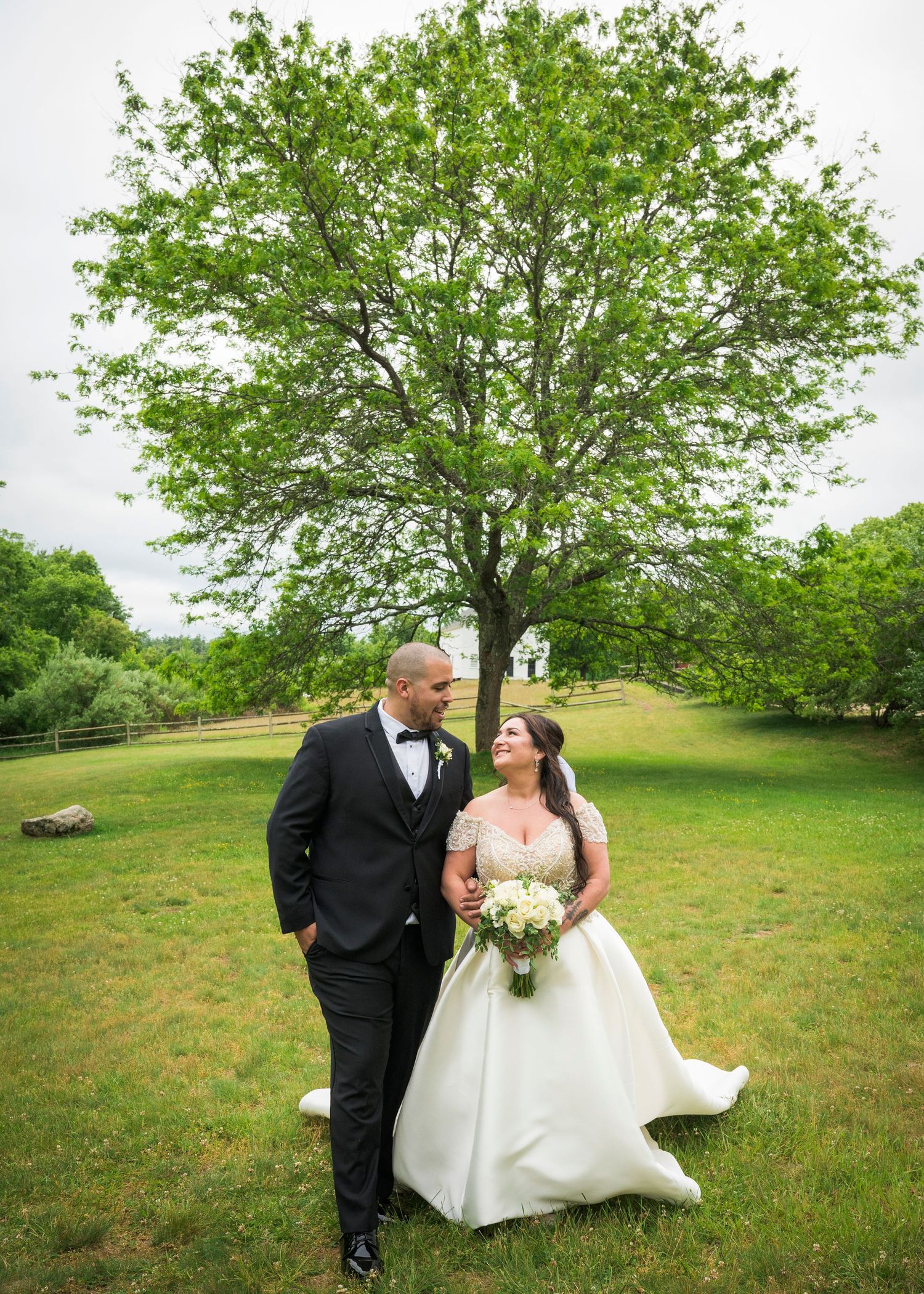 A couple in wedding attire shares romantic moments in a series of photos taken on a lush green hillside.