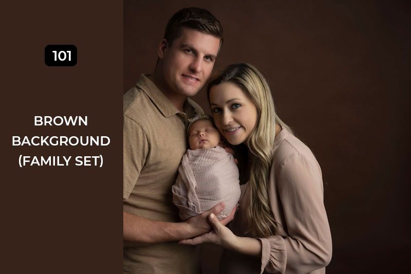 Professional studio photography setup with brown backdrop and lighting equipment.