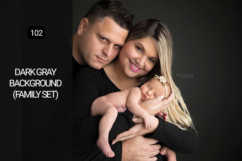 Professional family portrait series showing intimate poses against a dark gray background.